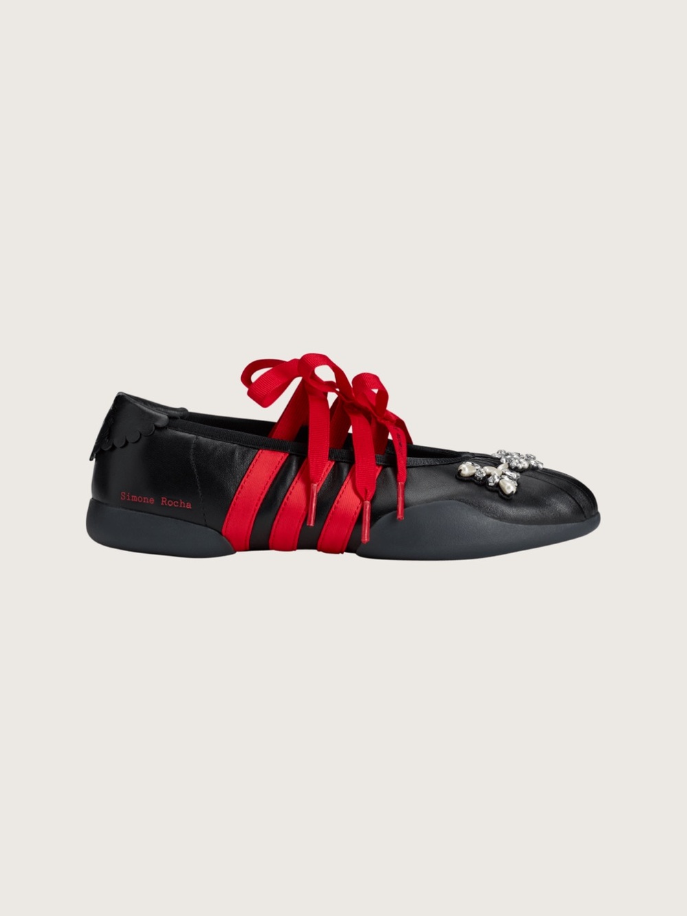Simone Rocha Black Leather Ballet Flat with Red Ribbon Laces